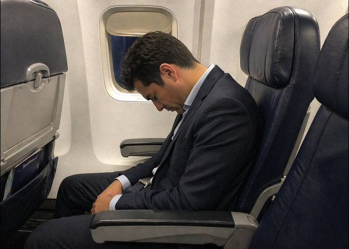 Man in a suit sleeping on an airplane seat