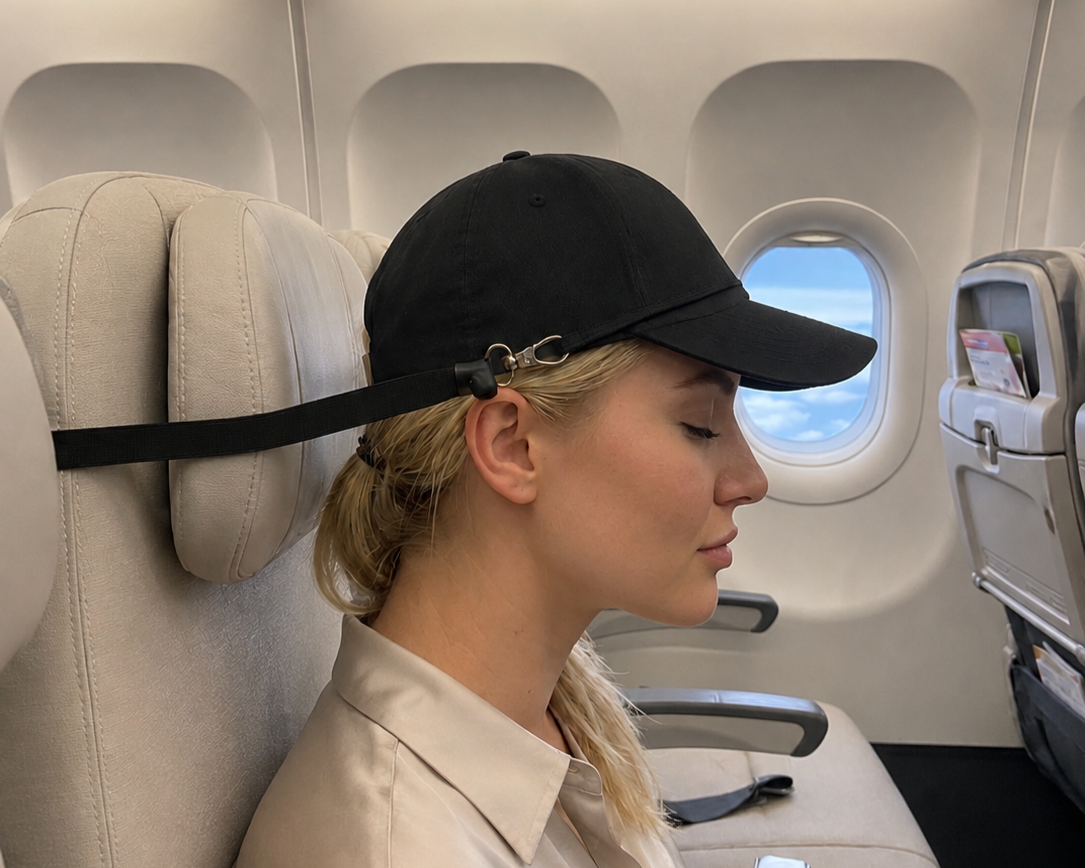 A woman seated in an airplane cabin wearing a black baseball cap with a chin strap attached to the seat headrest. The photo is taken in profile, showing the seat, window, and aircraft interior.