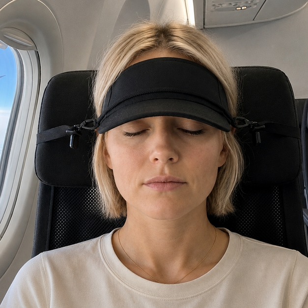 A woman with blonde hair sits closed-eyed in an airplane seat, wearing a black visor-style sleep mask with side straps. The airplane window shows clouds and blue sky, and the cabin interior is visible behind her.
